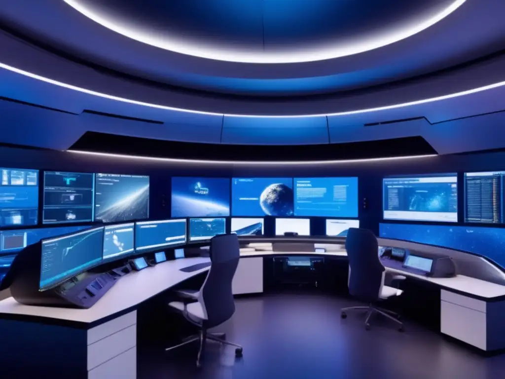 Control de asteroides: Imagen detallada de una sala de control llena de tecnología futurista y científicos monitoreando asteroides