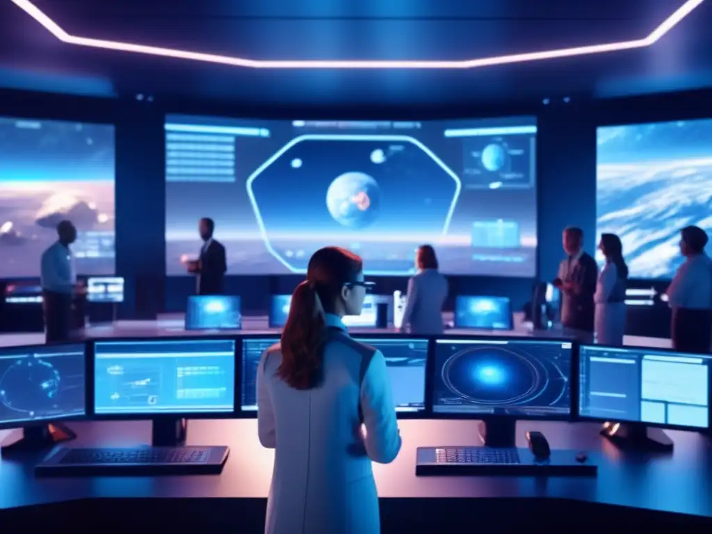 Control de asteroides: Sala de control futurista con IA