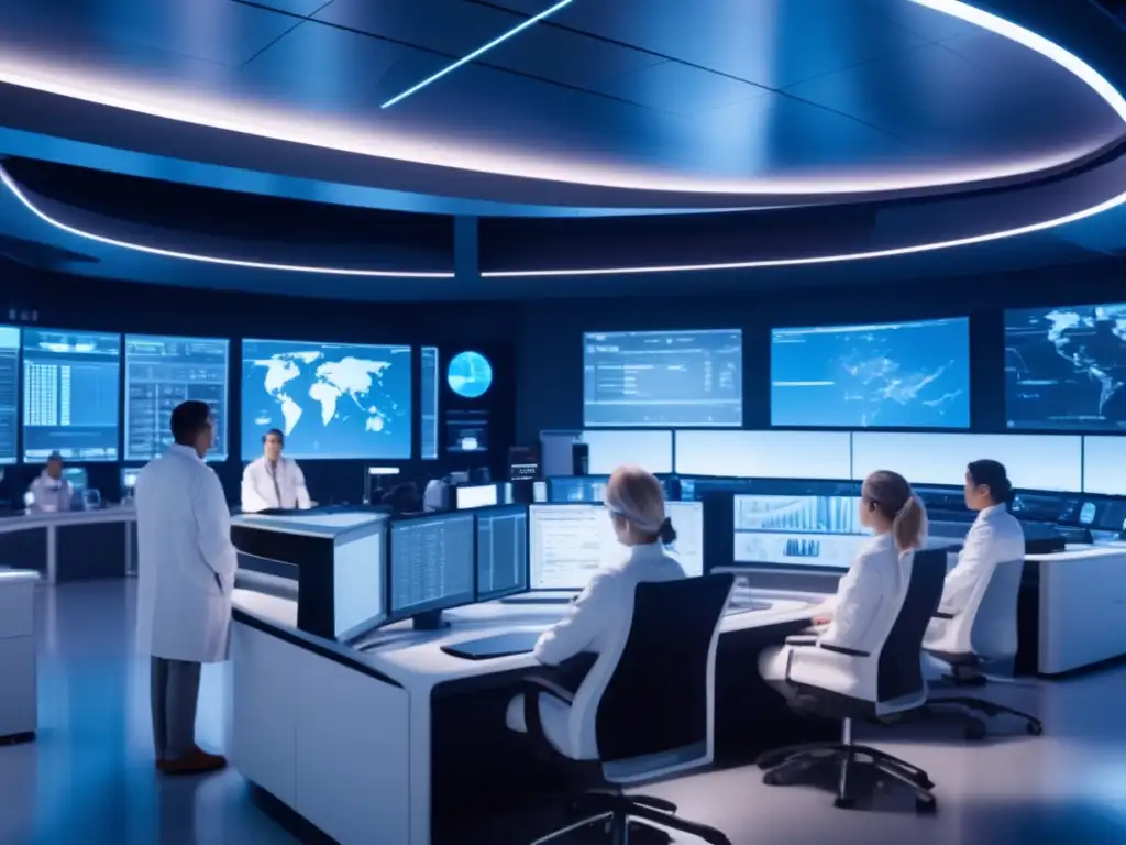 Control de asteroides: sala de control de investigación espacial, tecnología avanzada, científicos monitorean trayectorias orbitales y datos, leyes internacionales