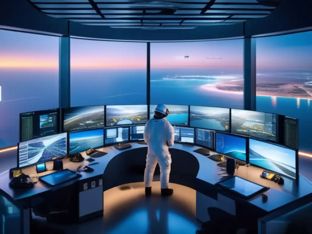 Control de contingencia asteroide en sala de control con vista panorámica de una ciudad costera