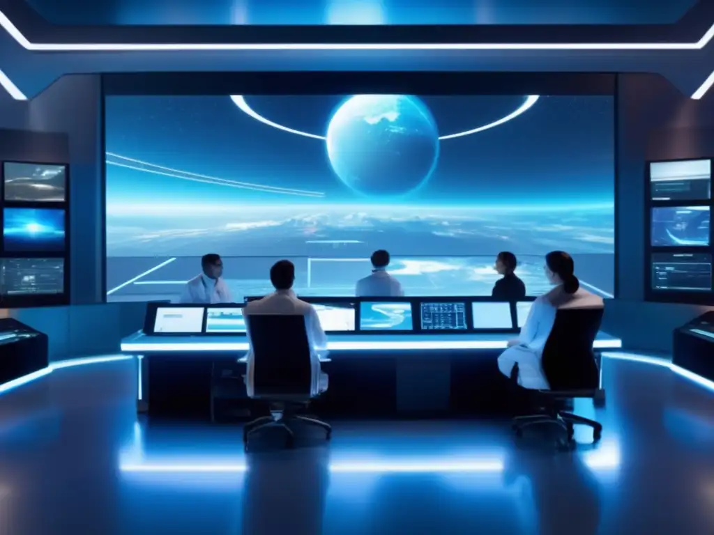 Control room futurista: defensa planetaria contra asteroides
