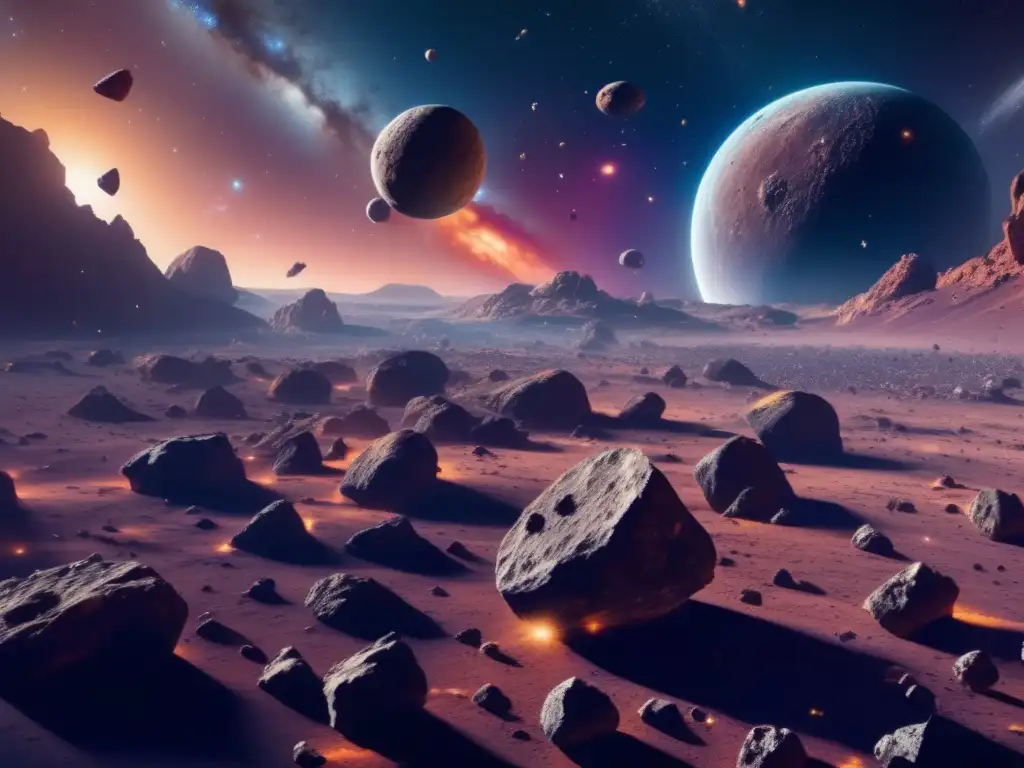 Control de recursos espaciales en asombroso campo de asteroides de 8k en el espacio profundo, con detalles intrincados y colores vibrantes