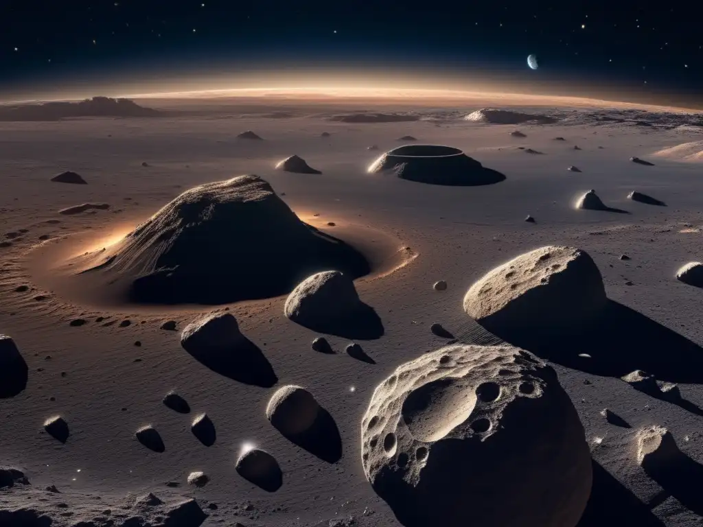 Control de recursos espaciales: Maravilloso panorama cósmico, asteroide con cráteres rugosos y bordes afilados, danza celestial de cometas y planetas