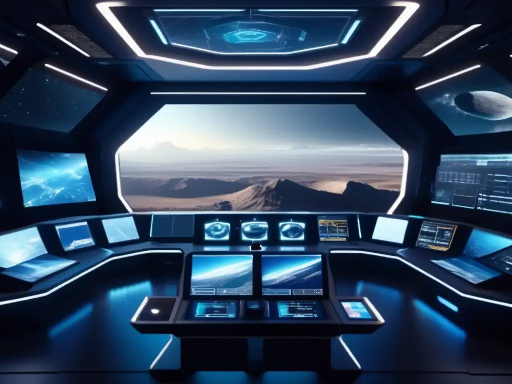 Control remoto de maquinaria en asteroides en una moderna sala de control con vista al espacio-