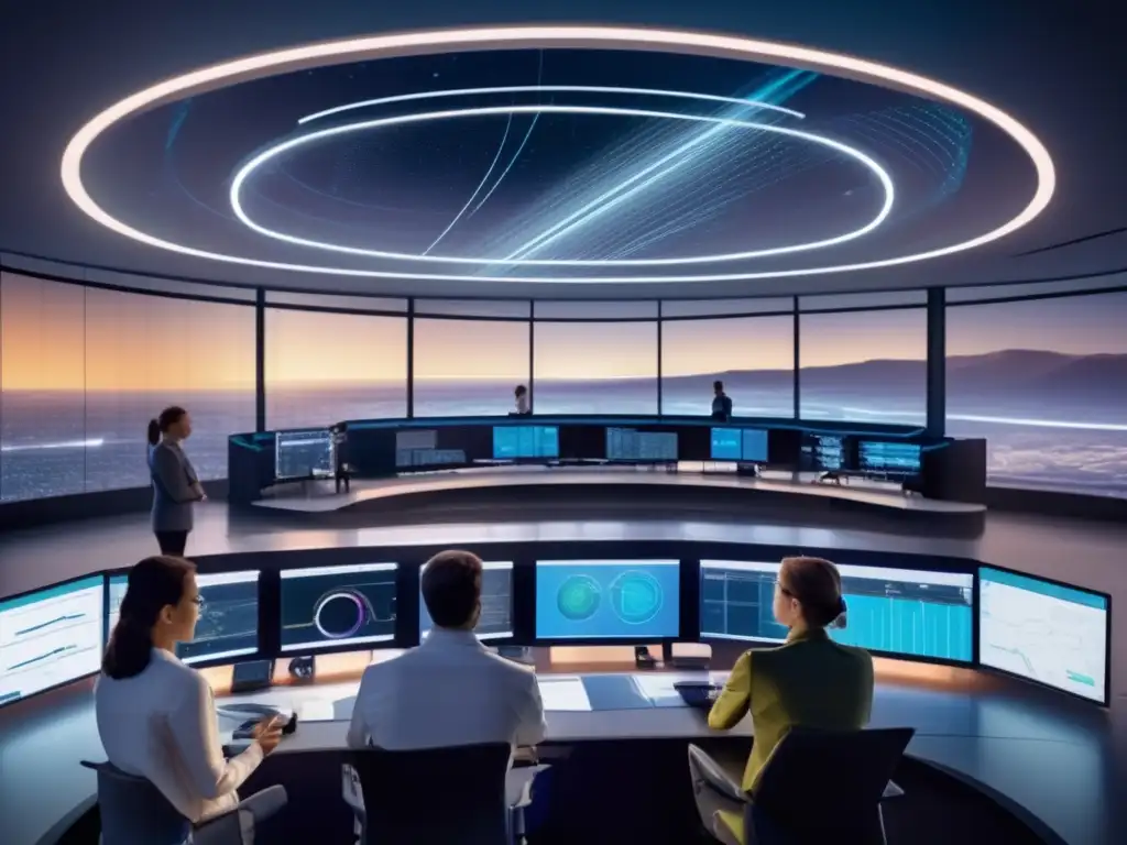 Control de trayectorias y predicción de NEOs en sala de control futurista con científicos y tecnología avanzada