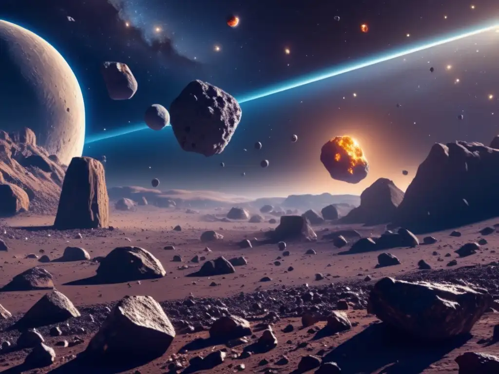 Legislación cósmica: derechos sobre asteroides en inmenso campo de asteroides 8k, con naves espaciales y minas