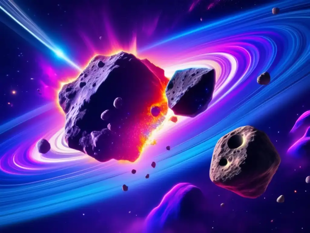 Colisión cósmica entre asteroides tipo V, impresionante imagen 8k con nebulosa y explosiones celestiales