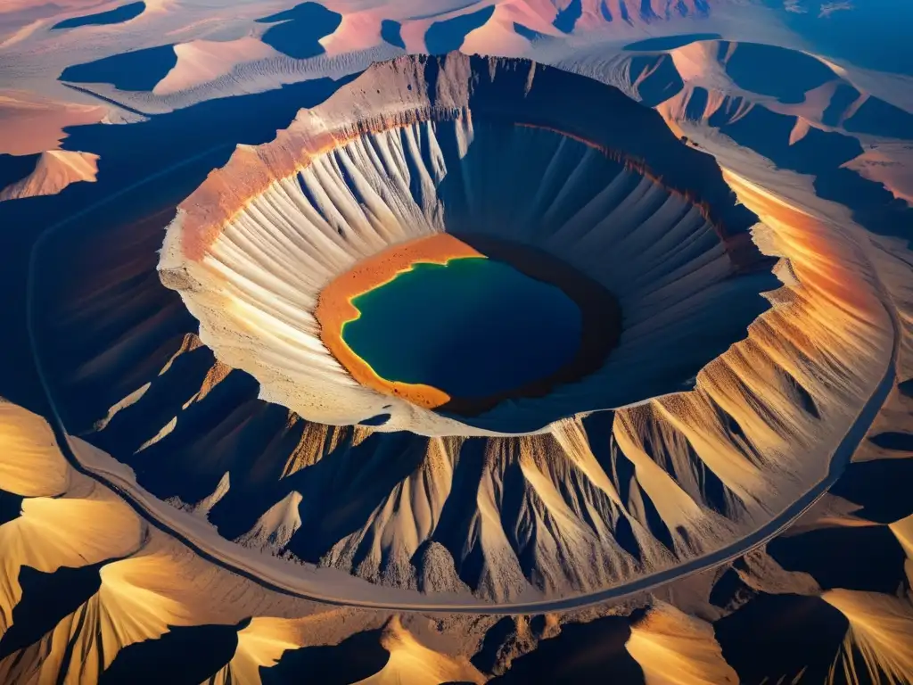 Explorando cráteres de impacto antiguos: Una vista aérea hipnotizante de un vasto cráter antiguo en un paisaje accidentado
