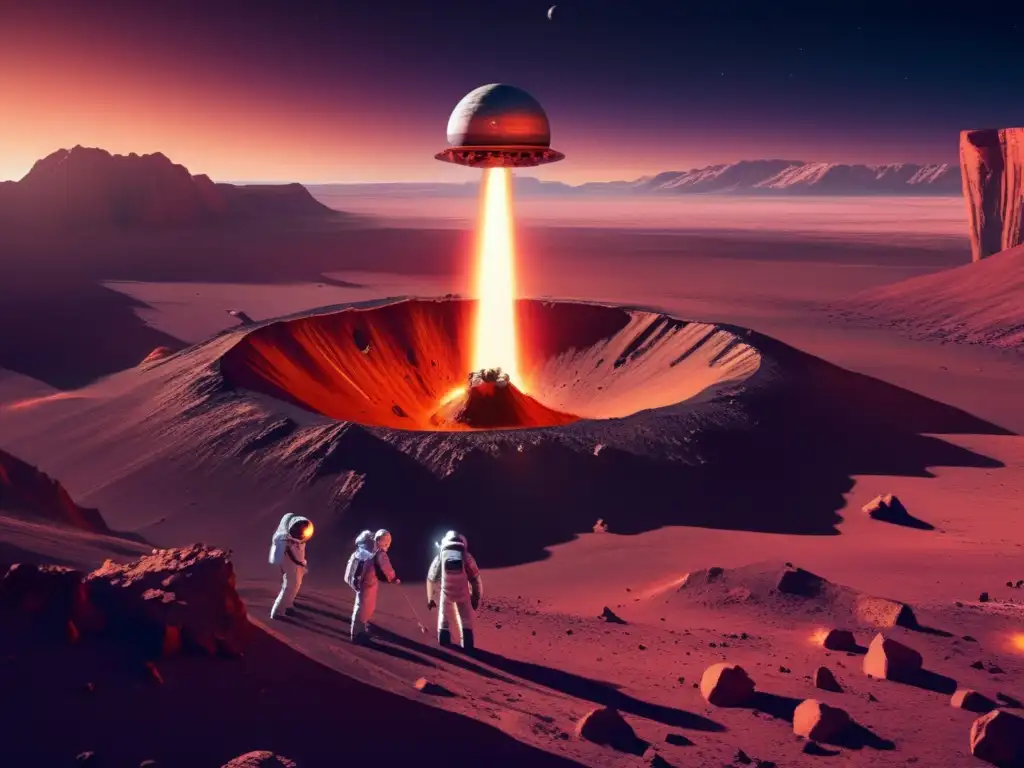 Exploración de crater en planeta distante Exploración cráteres impacto: científicos y astronautas en planeta distante, tecnología avanzada, paisaje alienígena, nave espacial