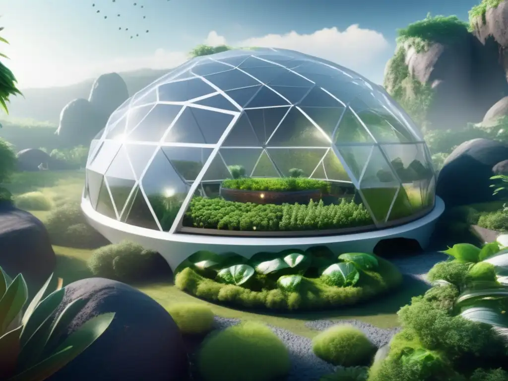 Cultivo de alimentos en asteroides: biodome futurista con vegetación exuberante, agricultura hidropónica y astronautas cultivando en el espacio