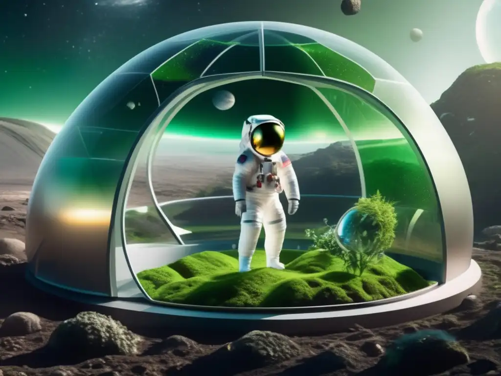 Cultivo microorganismos en espacio: Astronauta en traje espacial en domo transparente en asteroide, rodeado de microorganismos bioluminiscentes