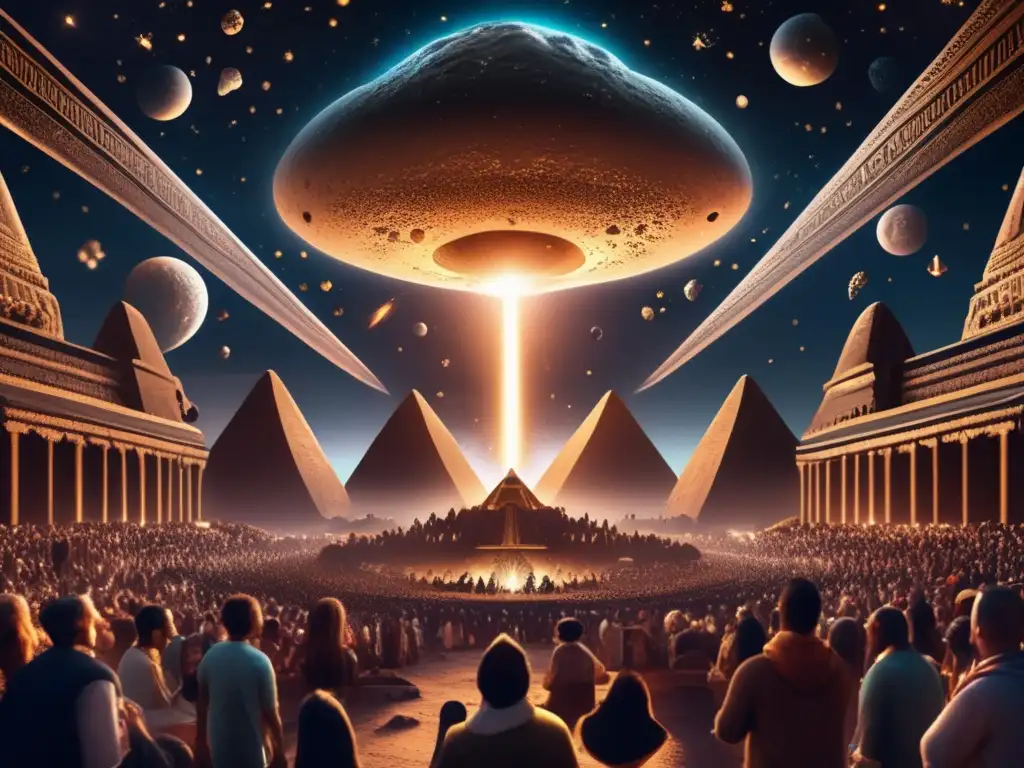Cultos y rituales asteroides: antiguas civilizaciones adorando y maravillándose ante un majestuoso asteroide iluminado