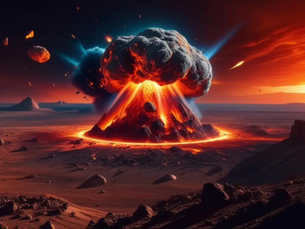 Evaluación daños colisión asteroides: Imagen impactante de colisión de un asteroide con la Tierra, mostrando destrucción y consecuencias catastróficas