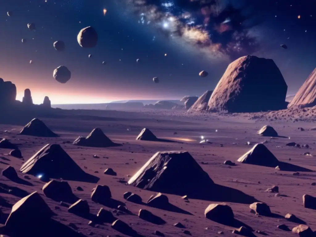 Debate legal minería asteroides: vasto campo asteroides desolados con nave minera y drones extractores en el espacio