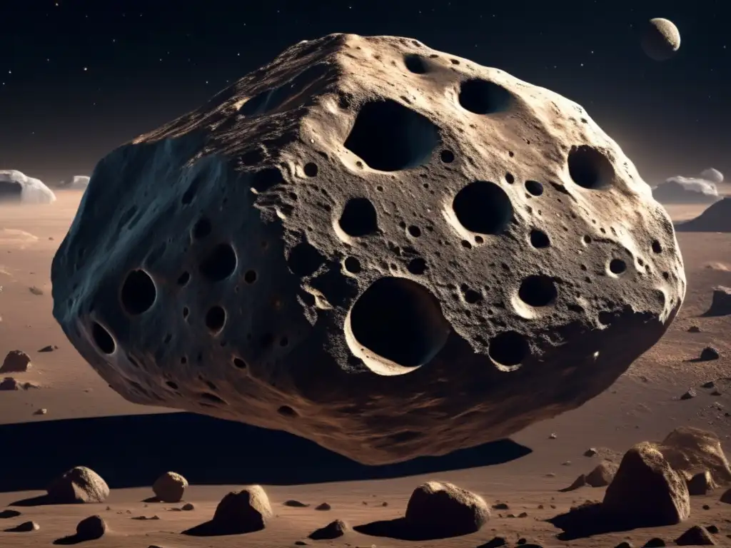 Inversión en defensa planetaria: Asteroide masivo flotando en el espacio, con superficie irregular, cráteres y formaciones rocosas