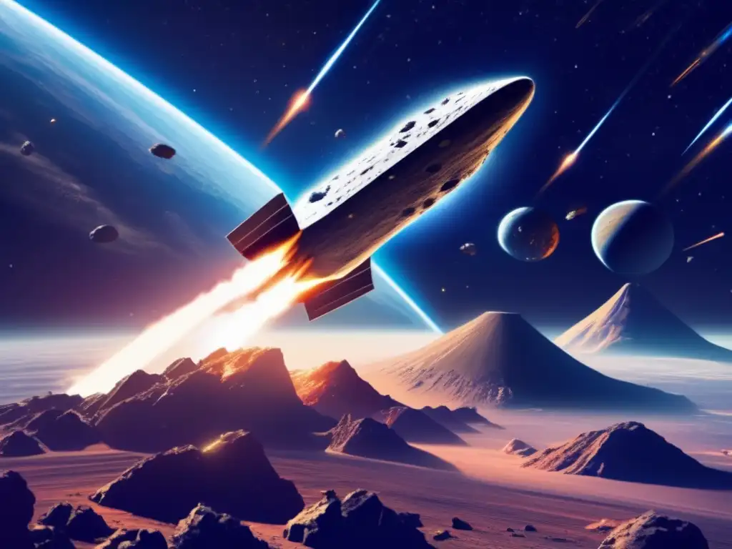 Defensa planetaria contra asteroides en acción: nave espacial futurista y láser poderoso contra asteroide inminente
