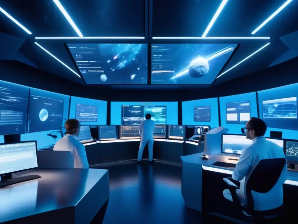 Inversión en defensa planetaria: equipo de científicos y ingenieros trabajando en un control room futurista para proteger la Tierra