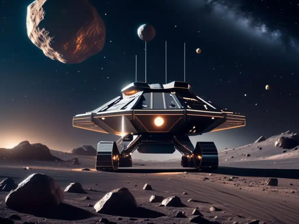 Derechos de explotación de asteroides en una imagen futurista de minería espacial en un asteroide, con una nave colosal y detalles impresionantes