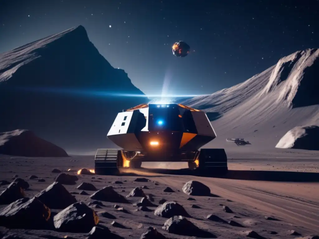 Desafío minería espacial asteroide tipo C: Futurista imagen en 8k de operación minera en asteroide, con tecnología avanzada y drones