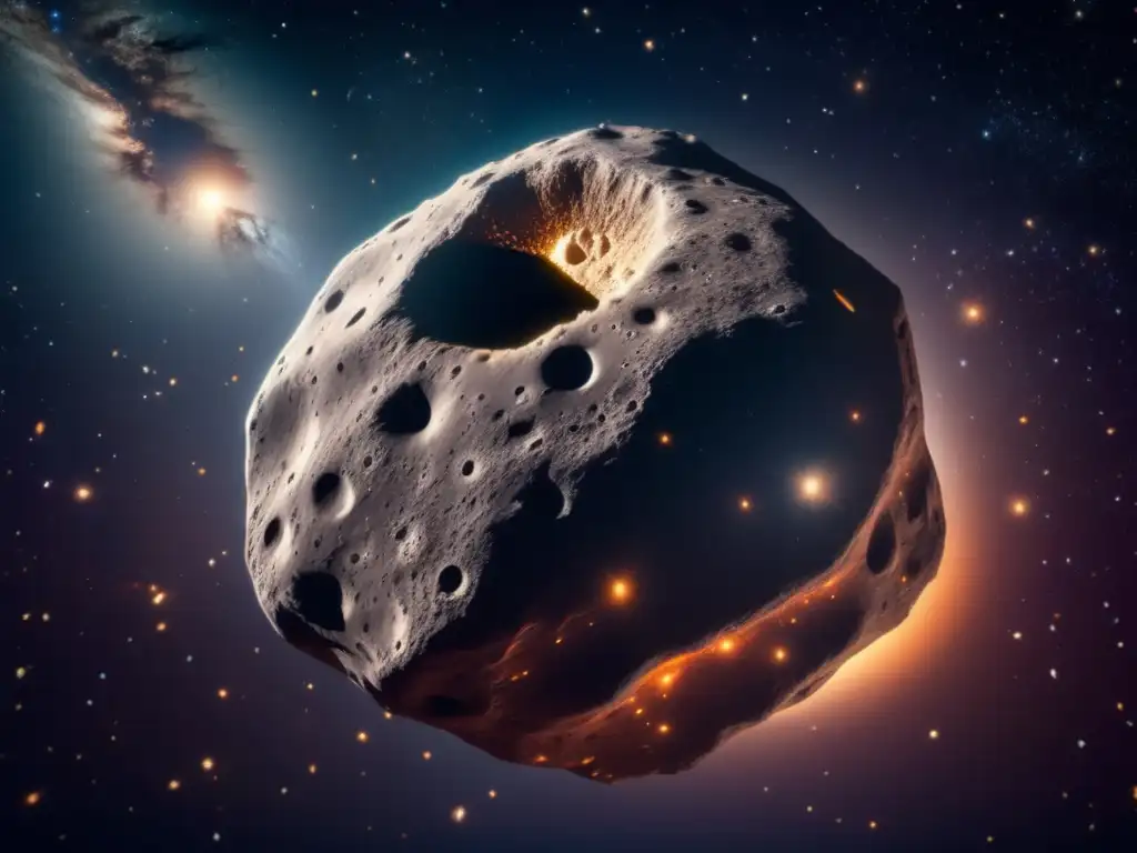 Desafío minería espacial asteroide tipo C: impresionante imagen 8k de asteroide masivo en paisaje estelar