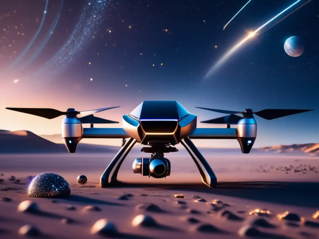 Desafíos de diseñar drones espaciales - Imagen impactante de 8k muestra espacio estelar con un drone futurista y sensores avanzados