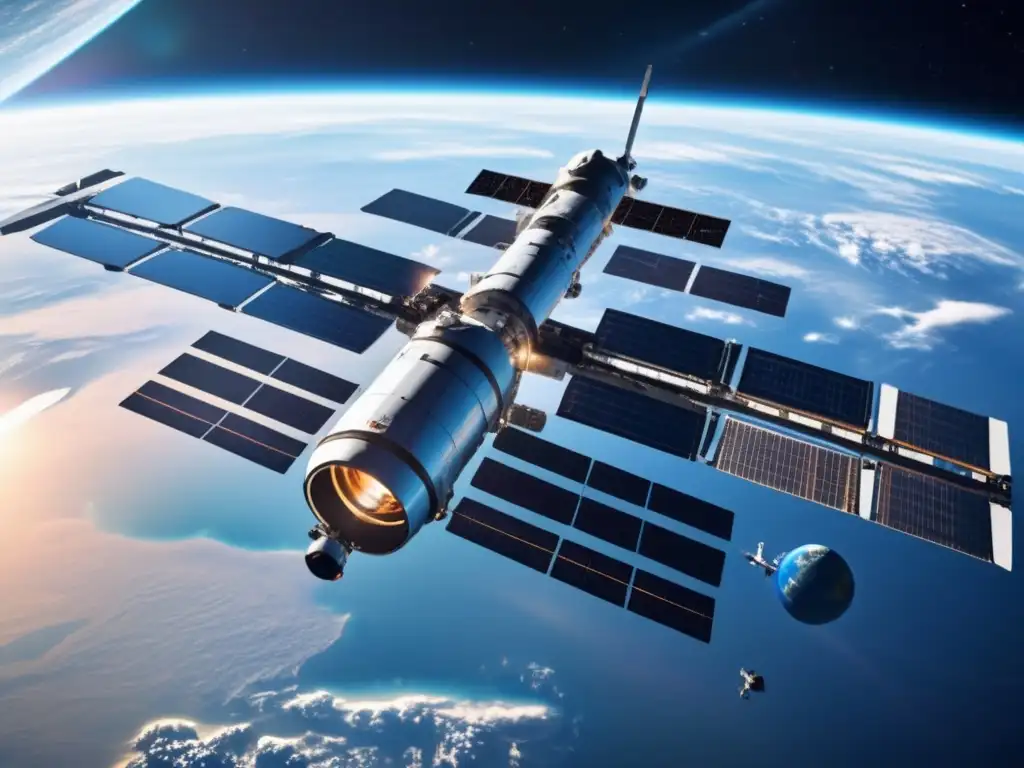 Desafíos éticos en economía espacial: Estación espacial futurista en órbita alrededor de la Tierra con vista al planeta y actividades espaciales