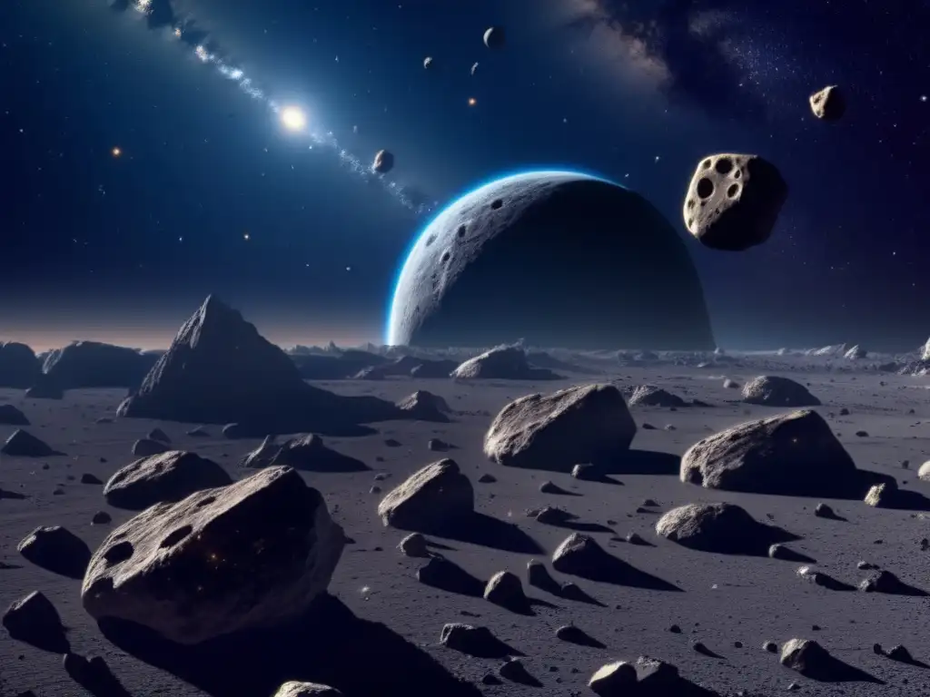 Desafíos éticos en economía espacial: Asteroides impresionantes en el vasto espacio, con formas, tamaños y detalles geológicos únicos