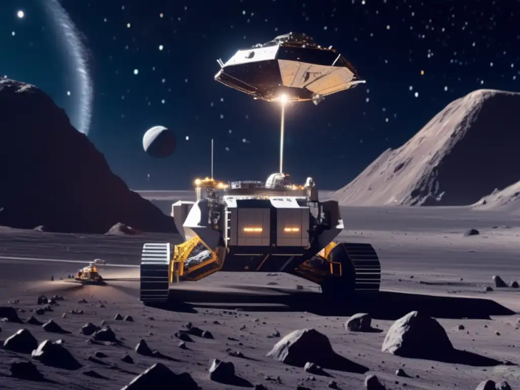 Desafíos legales minería asteroides: Operación futurista de minería espacial en asteroide con avanzada tecnología