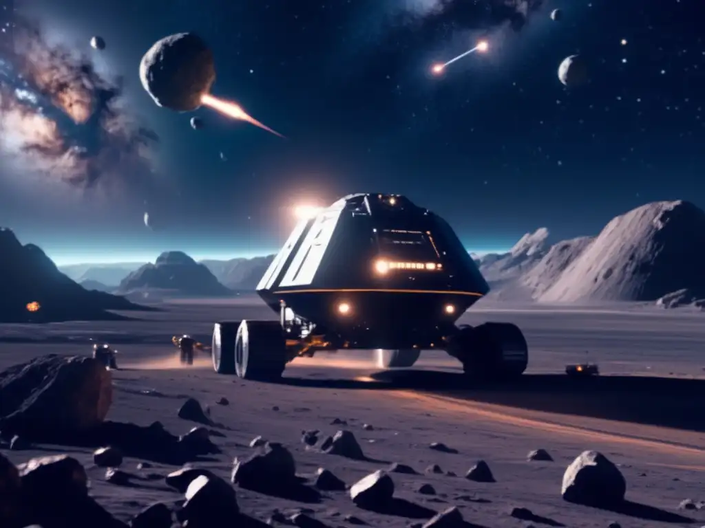 Desafíos legales minería asteroides: Operación minera futurista en un asteroide con tecnología avanzada y ambiente espacial impresionante