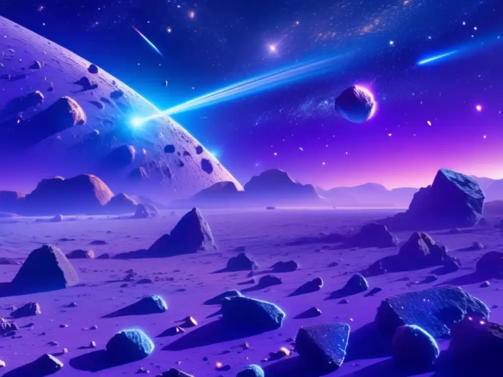 Desafíos legales minería asteroides: Campo de asteroides en el espacio, con diversos minerales y una nave minera futurista