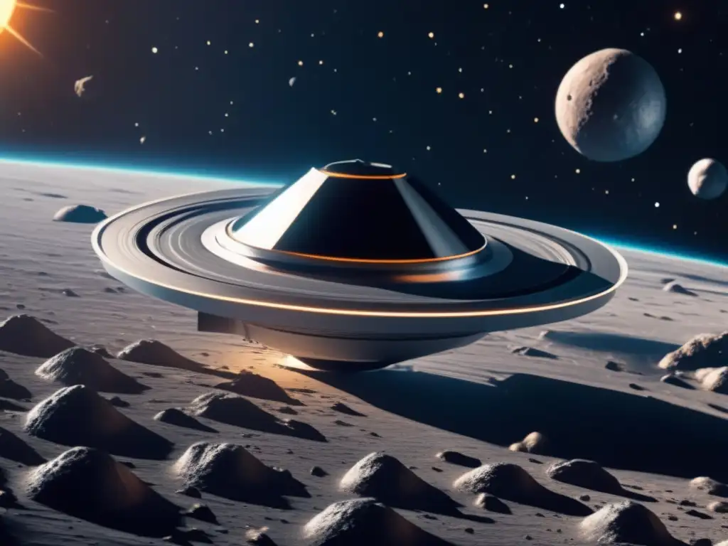 Desafíos misiones asteroides cinturón principal - Nave espacial futurista en el cinturón de asteroides, con paneles solares y asteroides diversos
