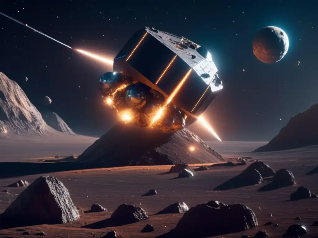 Desafíos técnicos minería asteroides: Operación minera futurista en un asteroide espacial, con naves y brazos robóticos extrayendo minerales valiosos