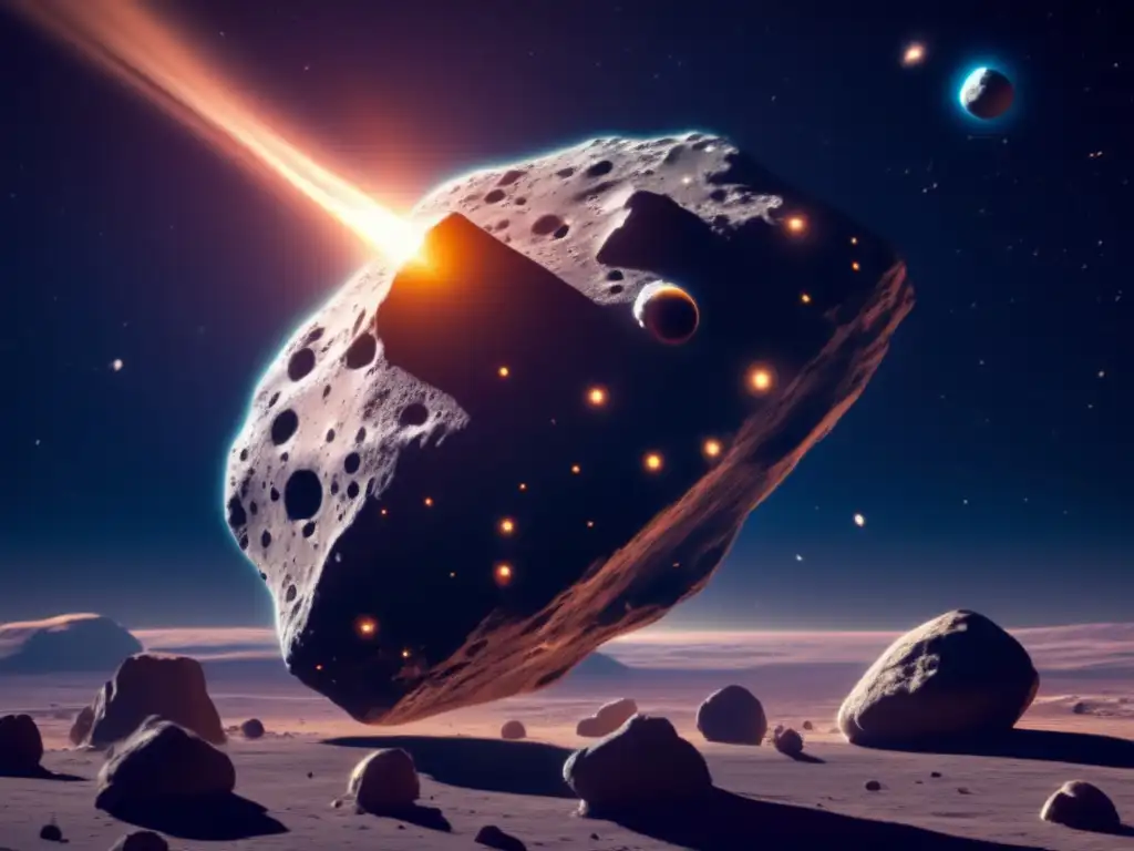Descubrimiento de agua en asteroides recién encontrados: imagen 8k detallada de un asteroide rocoso con cráteres y bordes irregulares en el espacio, iluminado por estrellas