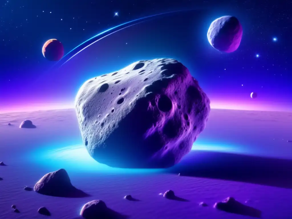 Descubrimiento de agua en asteroides recién encontrados - Impresionante imagen en 8k que muestra un asteroide con detalles ultra detallados flotando en el espacio, bañado en tonos azules y morados, con cráteres y una corriente de vapor de agua