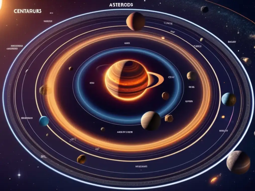 Descubrimiento de asteroides Centauros en el sistema solar: imagen 8k ultradetallada con el Sol en el centro y una órbita de asteroides