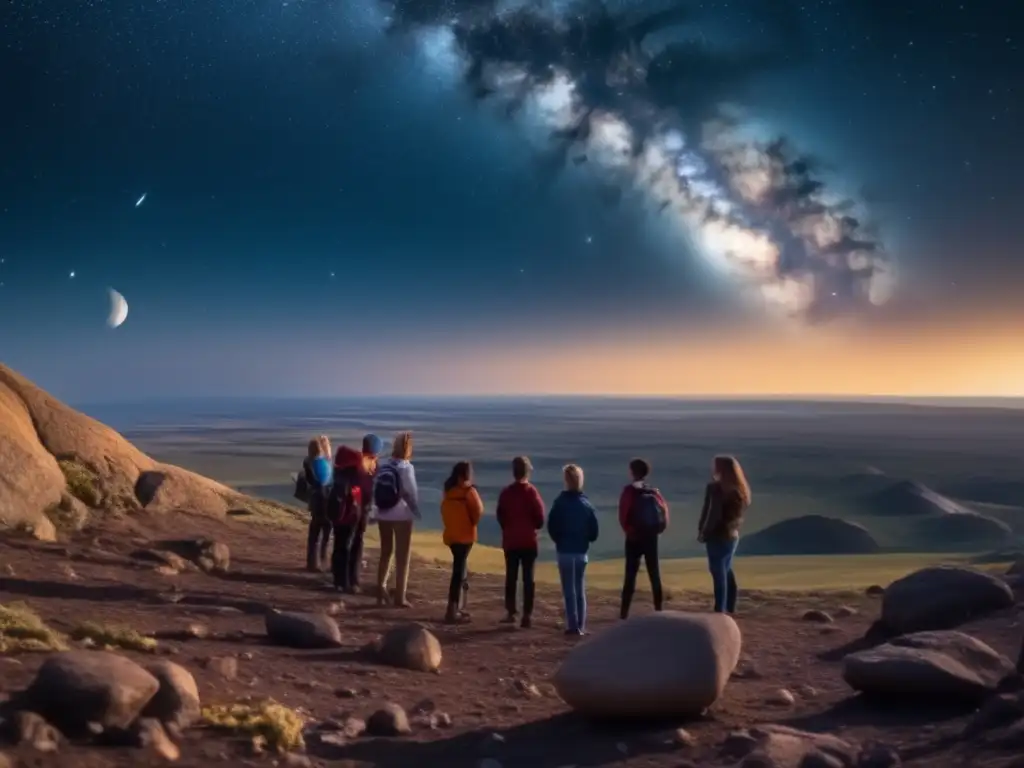 Descubrimiento de asteroides en el Cinturón de Kuiper: Estudiantes emocionados observan el telescopio y el vasto espacio