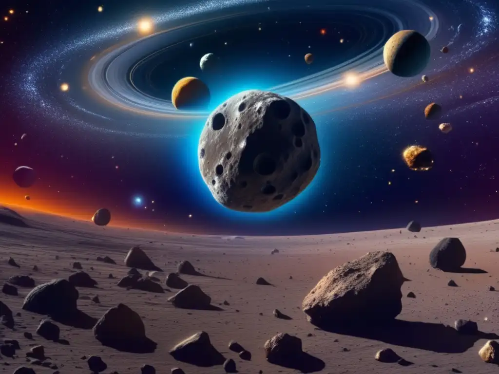 Descubrimiento de asteroides en la era digital: vista impresionante del cinturón de asteroides, con coloridos detalles y naves espaciales explorando