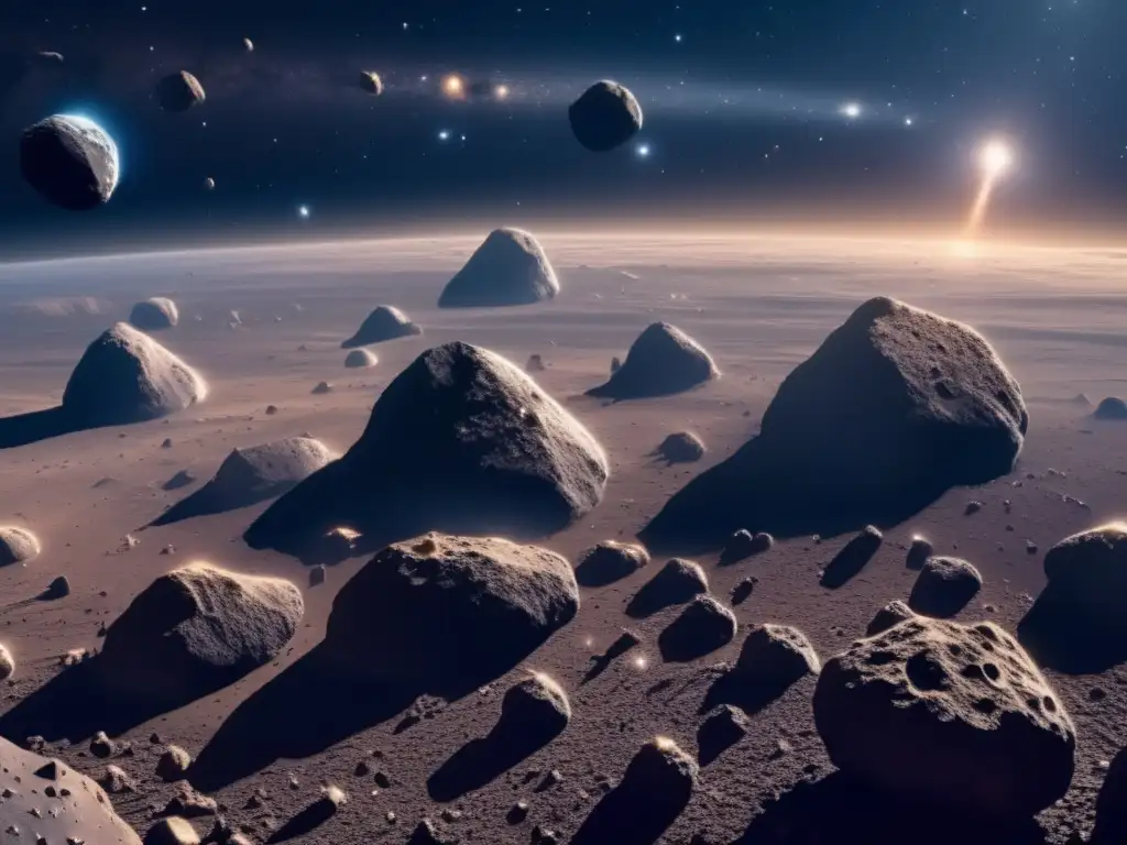 Descubrimiento de asteroides errantes en el universo: Imagen detallada de un paisaje cósmico vasto con asteroides suspendidos en el espacio
