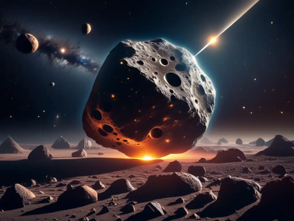 Descubrimiento asteroides gigantes: imagen asombrosa de un asteroide colosal en el espacio, con rocas y cráteres, rodeado de otros más pequeños