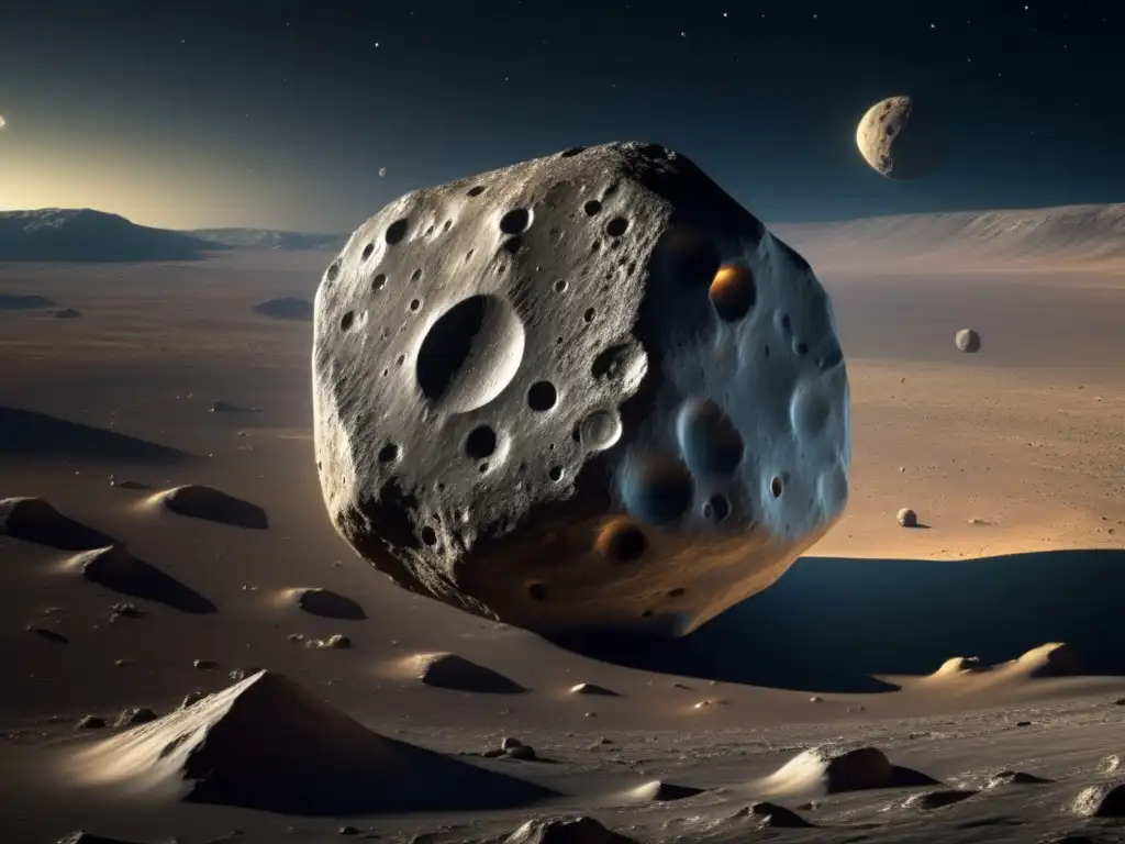 Descubrimiento de asteroides gigantes: Imagen detallada en 8k del asteroide Vesta, revelando su superficie rocosa y cráteres de impacto