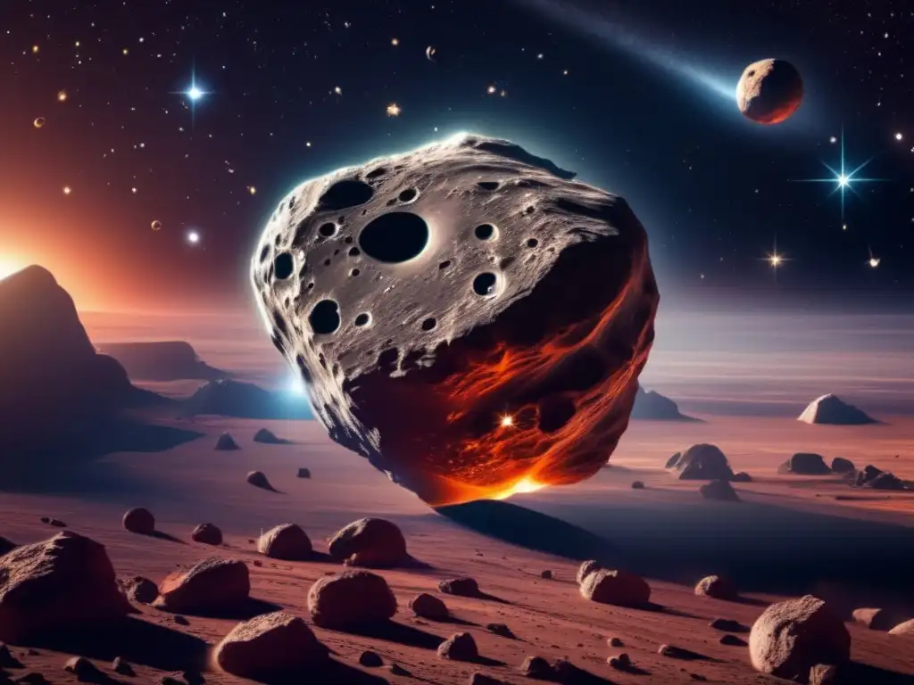 Descubrimiento de asteroides habitables: Impresionante imagen 8k ultradetallada de un enorme asteroide flotando en el espacio, iluminado por los rayos solares y rodeado de estrellas