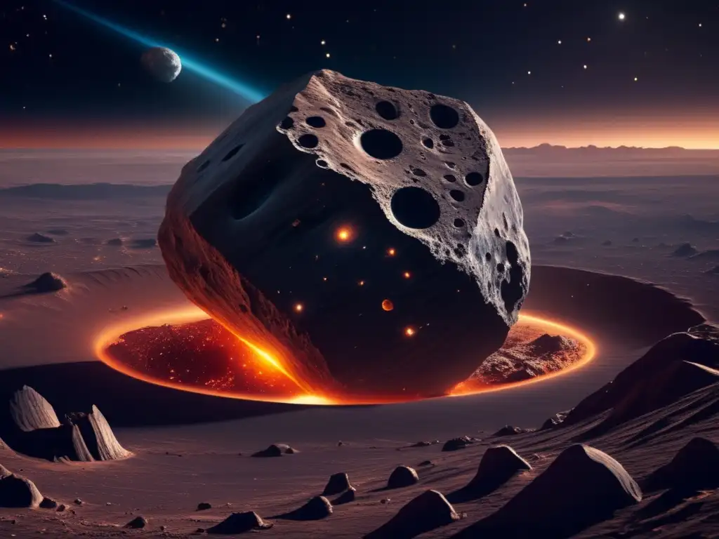 Descubrimiento asteroides sistema solar: Imagen en 8k de un vasto espacio estelar, con un asteroide masivo y detalles intrincados