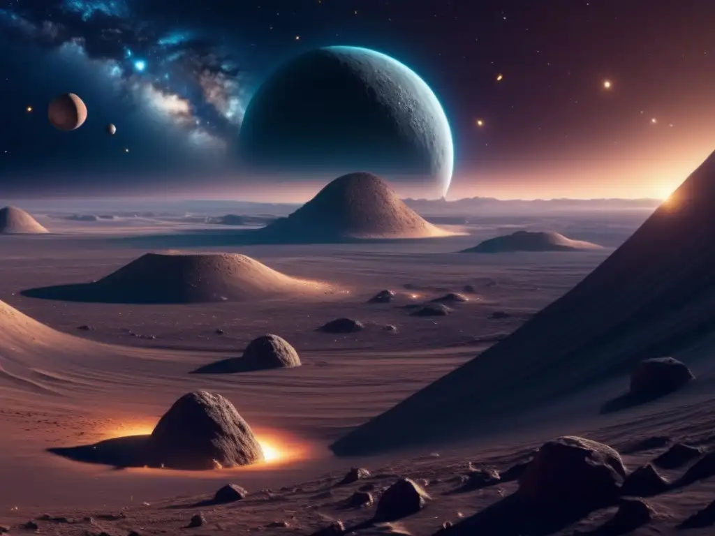 Paisaje cósmico estelar con asteroide imponente Descubrimiento asteroides terrestre: Impresionante imagen 8k de un paisaje cósmico, con un asteroide gigantesco e iluminado por estrellas distantes