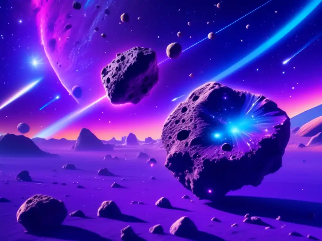 Descubrimiento de asteroides en el universo: asombrosa imagen 8k de un campo de asteroides en el espacio, con nebulosa de tonos morados y azules