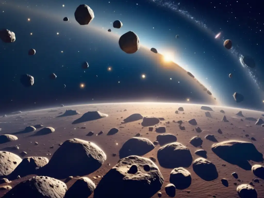 Descubrimiento de asteroides en el universo: un impresionante cinturón de asteroides en el espacio, lleno de diferentes tamaños y formas, bañado por la luz de las estrellas distantes