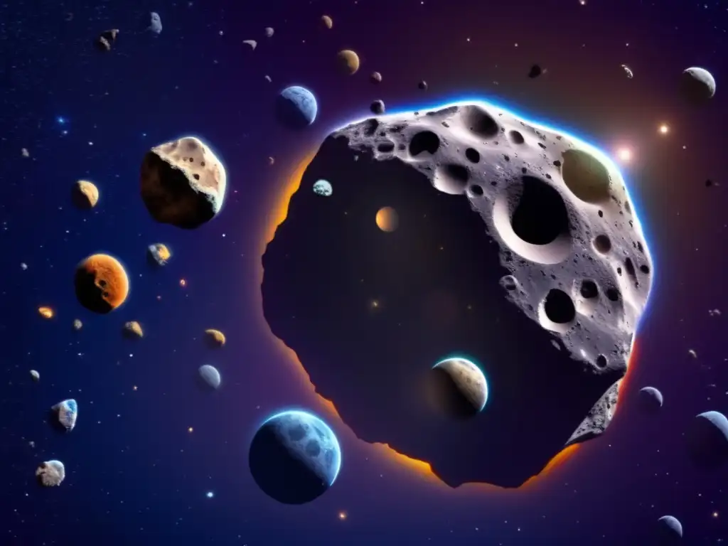 Descubrimiento de lunas de asteroides: Vibrante escena espacial con asteroides y sus lunas orbitando, revelando la belleza y complejidad del universo