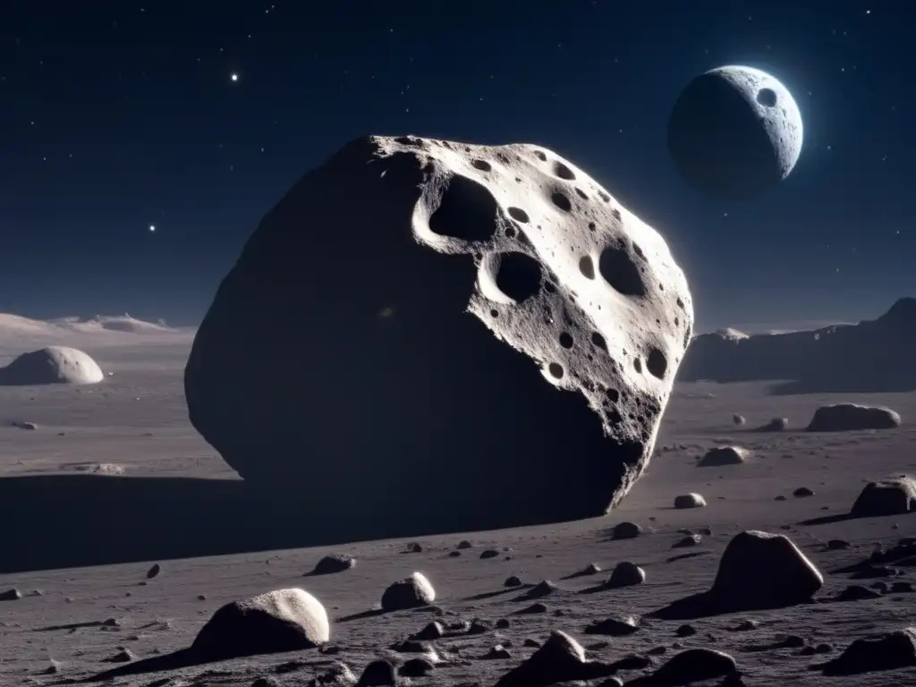 Descubrimiento de lunas ocultas en asteroides: detalle impresionante de un asteroide irregular con cráteres y una luna en órbita