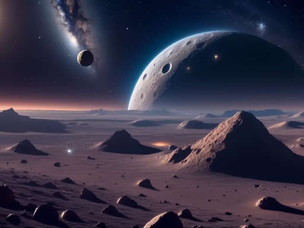 Descubrimiento de lunas ocultas en asteroides - Un universo estrellado con un asteroide imponente y lunas brillantes