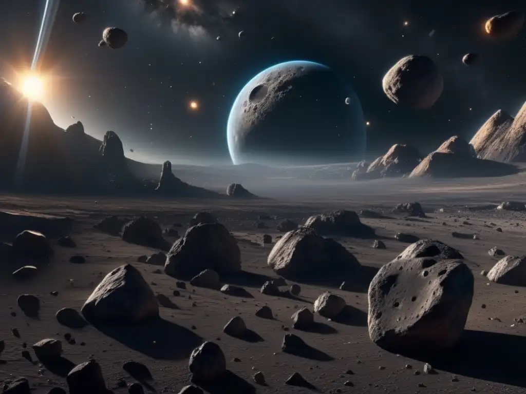 Descubrimiento de lunas ocultas en asteroides: una imagen impresionante en 8k muestra el fascinante mundo de los asteroides, con un campo vasto de asteroides de diferentes tamaños y formas flotando en el espacio, adornados con cráteres y terrenos irregulares