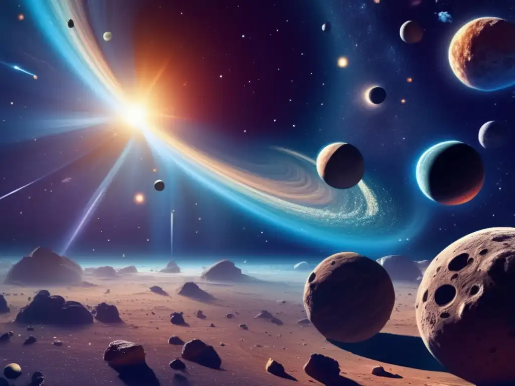 Descubrimiento de vida en otros planetas: Vista impresionante de un cinturón de asteroides en el espacio profundo, con NEOs suspendidos en órbita
